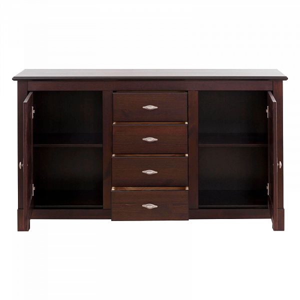 Картинка комод на ножках 4 ящиками и 2 дверцами из массива сосны коллекция Рауна темный цвет колониал размеры 149х84х37 купить в интернет-магазине Сивер