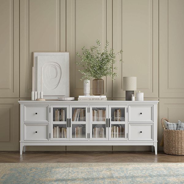 Фото каталог тумба ТВ в гостиную или в спальню из массива сосны "Квадро-С" 44 цвет белый лак, белый лак-антик 24, серый 7042-антик 24, светлый, размеры 1996х765х420 в классическом стиле в интернет-магазине СиВер