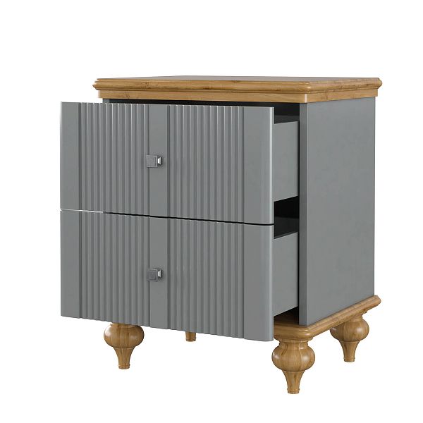 Изображения интерьерное фото прикроватная тумба в стиле неоклассика, лаконичный универсальный дизайн, тумба прикроватная "Рандеву" 02 493x635x405 (белый лак/антик 24, серый 7042/антик 24) из массива сосны в спальню или детскую