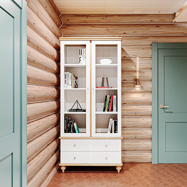 Фото шкаф для посуды из массива сосны в гостиную в стиле кантри коллекция «Рандеву» цвет белый лак-антик 24 и серый 7042-антик 24, дерево размеры 978х2093х411 в интернет-магазине СиВер