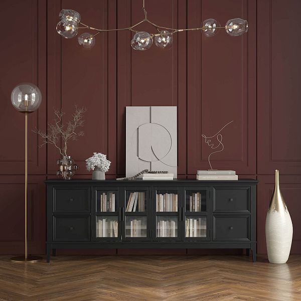 Фото каталог тумба ТВ в гостиную или в спальню из массива сосны "Квадро-С" 44 цвет белый лак, белый лак-антик 24, серый 7042-антик 24, светлый, размеры 1996х765х420 в классическом стиле в интернет-магазине СиВер