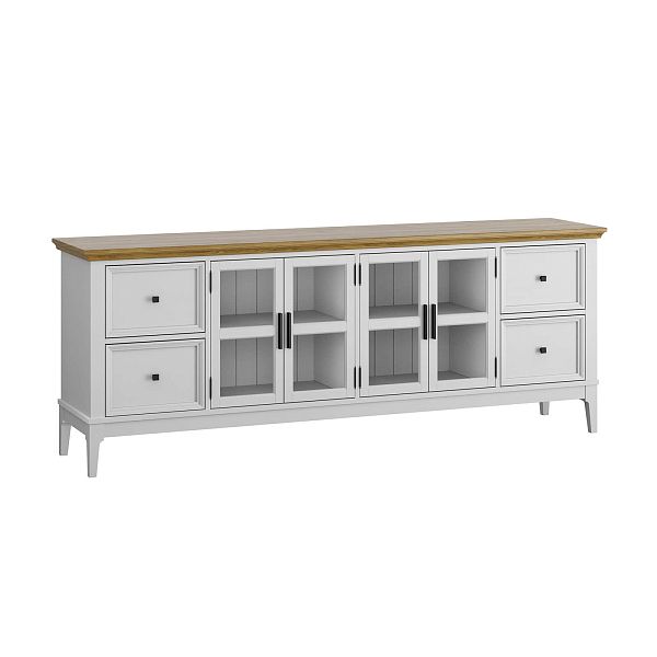 Фото каталог тумба ТВ в гостиную или в спальню из массива сосны "Квадро-С" 44 цвет белый лак, белый лак-антик 24, серый 7042-антик 24, светлый, размеры 1996х765х420 в классическом стиле в интернет-магазине СиВер