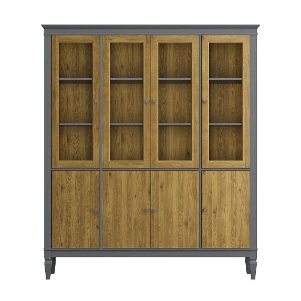 Фото шкафа для посуды из массива сосны в гостиную в стиле лофт или скандинавском стиле коллекция "Ольса-С" цвет белый лак, серый 7042-антик 24, светлый дерево размеры 1735х2029х356 в интернет-магазине СиВер