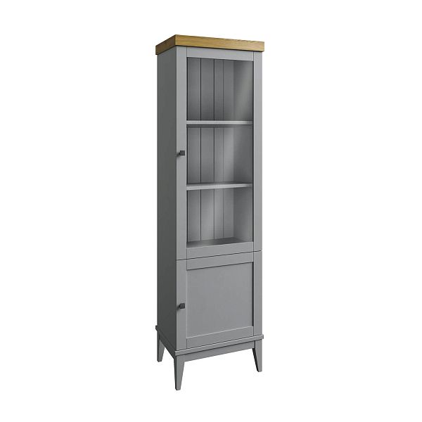 Фото шкаф для посуды из массива сосны в гостиную в стиле кантри коллекция «Бон Вояж» цвет белый лак-антик 24, серый 7042-антик 24, дерево размеры 580х2035х401 в интернет-магазине СиВер