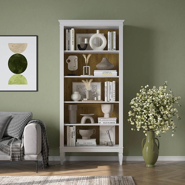 Фото стеллаж из массива сосны в гостиную в стиле лофт или скандинавском стиле коллекция "Ольса-С" цвет белый лак, серый 7042, светлый дерево размеры 93х203х36 в интернет-магазине СиВер