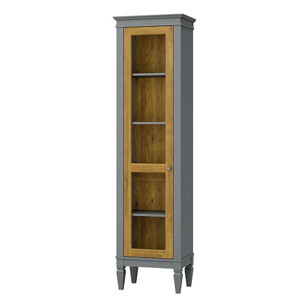 Фото шкаф для посуды из массива сосны в гостиную в стиле лофт или скандинавском стиле коллекция "Ольса-С" цвет белый лак, серый 7042, светлый дерево размеры 54х203х36 в интернет-магазине СиВер