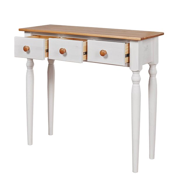 Изображение в интерьере консоль коллекция Консолеа-3 размеры в см 85x75x32 с тремя ящиками - мебель из натурального дерева массива сосны недорого по доступной цене интернет-магазине СиВер белорусского производства ММЦ с доставкой по России