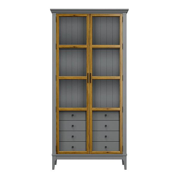 Фото Шкаф для книг «Квадро-С» 220/04 из массива сосны в гостиную в стиле кантри коллекция «Квадро-С» цвет белый лак, белый лак-антик 24, серый 7042-антик 24, дерево размеры 995х2047х421 в интернет-магазине СиВер