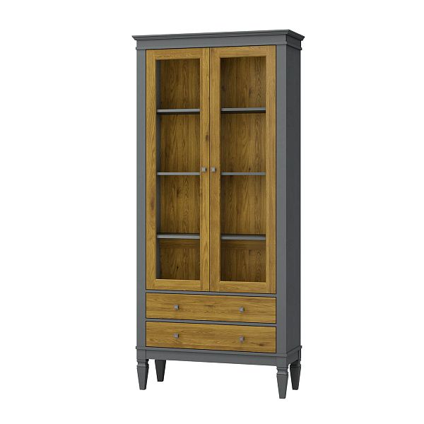 Фото Шкаф для посуды "Ольса-С" 202 из массива сосны в гостиную в стиле кантри коллекция "Ольса-С" цвет белый лак, серый 7042/антик 24, дерево, размеры 927х2029х356 мм. в интернет-магазине СиВер