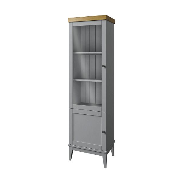 Фото шкаф для посуды из массива сосны в гостиную в стиле кантри коллекция «Бон Вояж» цвет белый лак-антик 24, серый 7042-антик 24, дерево размеры 580х2035х401 в интернет-магазине СиВер