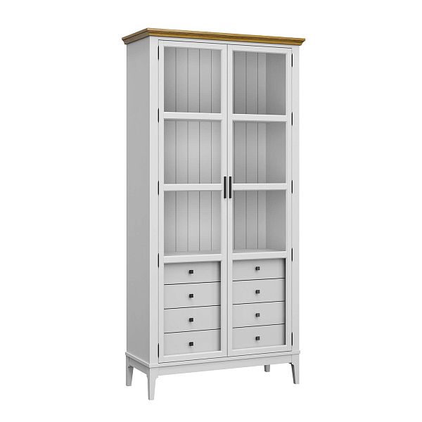 Фото Шкаф для книг «Квадро-С» 220/04 из массива сосны в гостиную в стиле кантри коллекция «Квадро-С» цвет белый лак, белый лак-антик 24, серый 7042-антик 24, дерево размеры 995х2047х421 в интернет-магазине СиВер