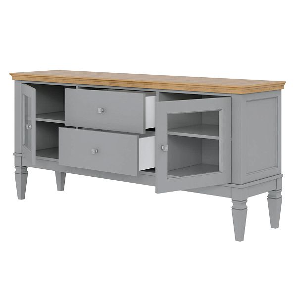 Фото каталог тумба ТВ в гостиную или в спальню из массива сосны Ольса 22 (1600) цвет белый лак, белый лак-антик 24, серый 7042-антик 24, светлый, размеры 1660х734х400 в классическом стиле в интернет-магазине СиВер