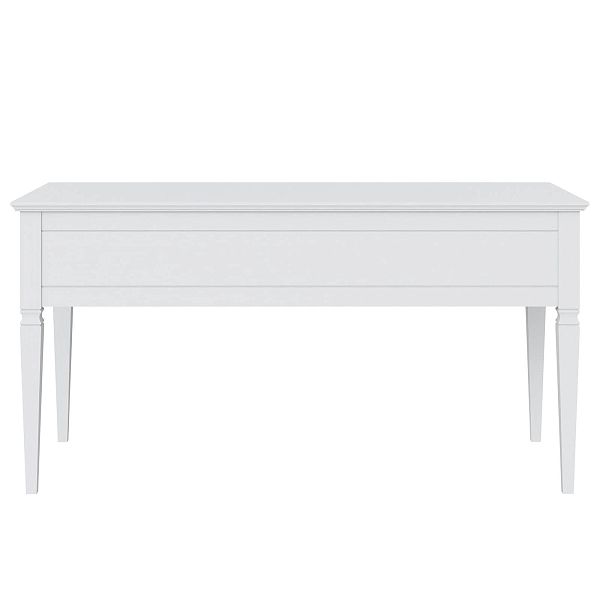 Изображение рабочий белый стол письменный в детскую или кабинет в стиле скандинавский или лофт пример в интерьере как смотрится коллекции "Ольса" 005 149x76x70 (белый лак, белый лак/антик 24, серый 7042, серый 7042/антик 24) для ребенка, взрослого или подростка