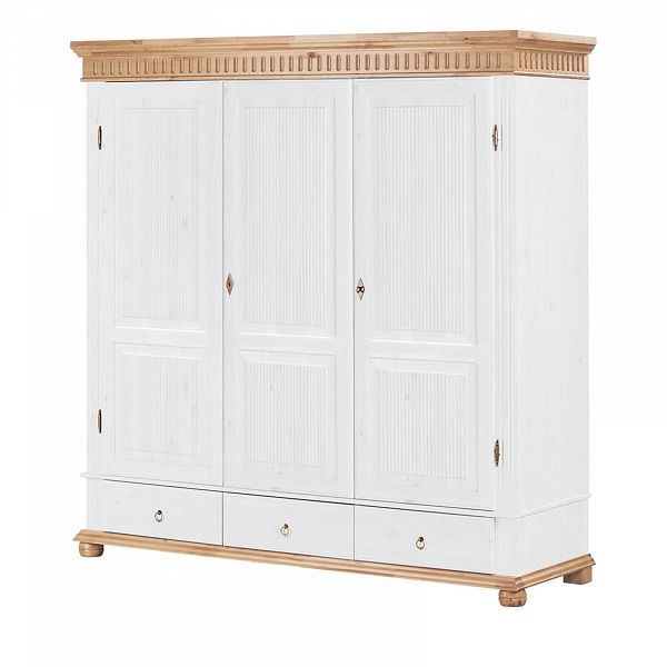 Фото пример белорусский шкаф Хельсинки 3GT-M размер в см 195x218x62. Трехдверный шкаф с тремя ящиками из массива сосны. Антик, белый воск, колониал, серый - производство ММЦ Белоруссия