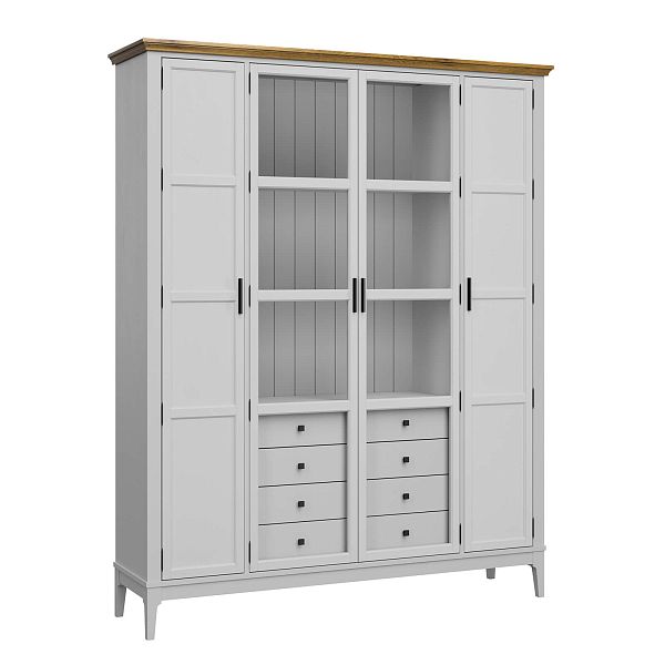 Фото Шкаф для книг «Квадро-С» 422Ф/04 из массива сосны в гостиную в стиле кантри коллекция «Квадро-С» цвет белый лак, белый лак-антик 24, серый 7042-антик 24, дерево размеры 1643х2047х421 в интернет-магазине СиВер