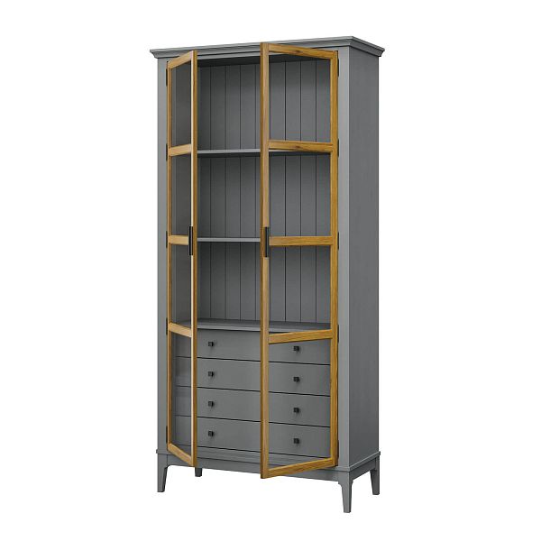 Фото Шкаф для книг «Квадро-С» 220/04 из массива сосны в гостиную в стиле кантри коллекция «Квадро-С» цвет белый лак, белый лак-антик 24, серый 7042-антик 24, дерево размеры 995х2047х421 в интернет-магазине СиВер