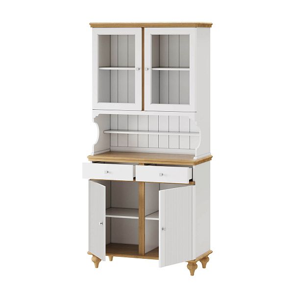 Фото стеллаж из массива сосны в гостиную в стиле кантри коллекция Рандеву цвет белый лак/антик 24, серый 7042-антик 24, дерево, размеры 979x2093x457 в интернет-магазине СиВер - успейте купить по скидке