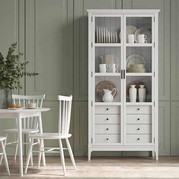 Фото Шкаф для книг «Квадро-С» 220/04 из массива сосны в гостиную в стиле кантри коллекция «Квадро-С» цвет белый лак, белый лак-антик 24, серый 7042-антик 24, дерево размеры 995х2047х421 в интернет-магазине СиВер