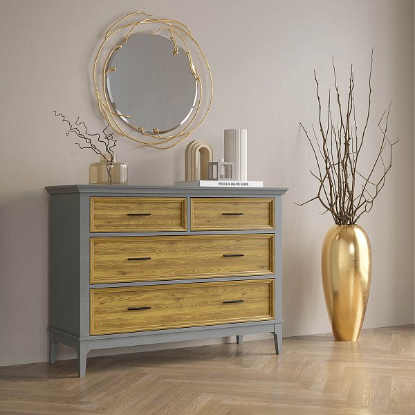 Фото Комода «Квадро-С» 04, цвет белый лак, белый лак-антик 24, серый 7042/антик 24, размер 1276x948x470 из массива сосны в интернет-магазине СиВер