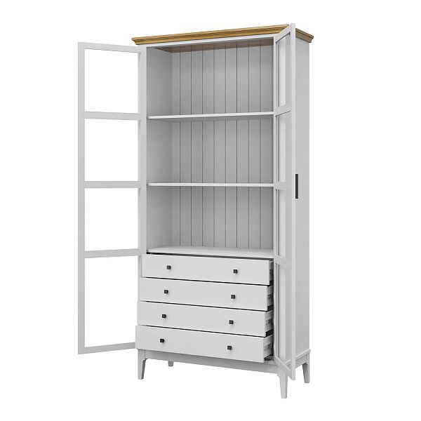 Фото Шкаф для книг «Квадро-С» 220/04 из массива сосны в гостиную в стиле кантри коллекция «Квадро-С» цвет белый лак, белый лак-антик 24, серый 7042-антик 24, дерево размеры 995х2047х421 в интернет-магазине СиВер