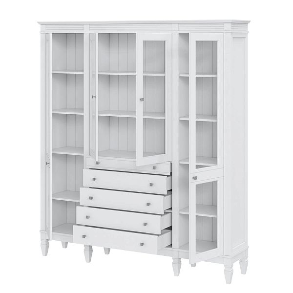 Фото пример широкий стеллаж с квадратными полками из массива сосны в гостиную в стиле лофт или скандинавский коллекция Ольса цвет белый лак, белый лак/антик 24, серый 7042, серый 7042/антик 24, светлый, дерево размеры 181,5х202х38 в интернет-магазине СиВер