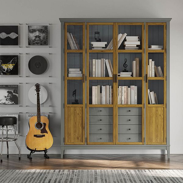 Фото Шкаф для книг «Квадро-С» 422С/04 из массива сосны в гостиную в стиле кантри коллекция «Квадро-С» цвет белый лак, белый лак-антик 24, серый 7042-антик 24, дерево размеры 1643х2047х421 в интернет-магазине СиВер