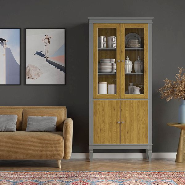 Фото шкафа для посуды из массива сосны в гостиную в стиле лофт или скандинавском стиле коллекция "Ольса-С" цвет белый лак, серый 7042-антик 24, светлый дерево размеры 927х2029х356 в интернет-магазине СиВер