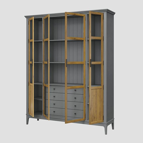 Фото Шкаф для книг «Квадро-С» 422С/04 из массива сосны в гостиную в стиле кантри коллекция «Квадро-С» цвет белый лак, белый лак-антик 24, серый 7042-антик 24, дерево размеры 1643х2047х421 в интернет-магазине СиВер