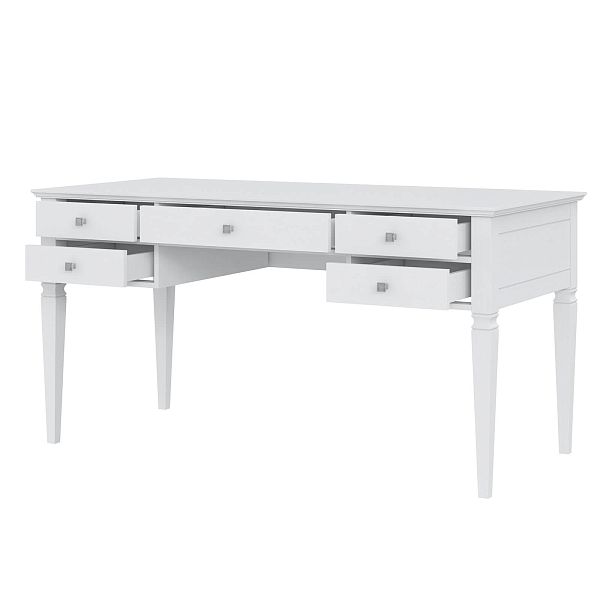 Изображение рабочий белый стол письменный в детскую или кабинет в стиле скандинавский или лофт пример в интерьере как смотрится коллекции "Ольса" 005 149x76x70 (белый лак, белый лак/антик 24, серый 7042, серый 7042/антик 24) для ребенка, взрослого или подростка