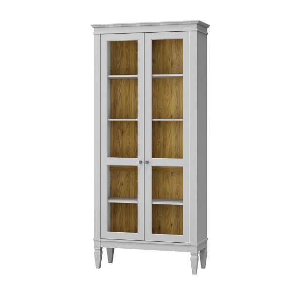 Фото шкафа для посуды из массива сосны в гостиную в стиле лофт или скандинавском стиле коллекция "Ольса-С" цвет белый лак, серый 7042-антик 24, светлый дерево размеры 927х2029х356 в интернет-магазине СиВер