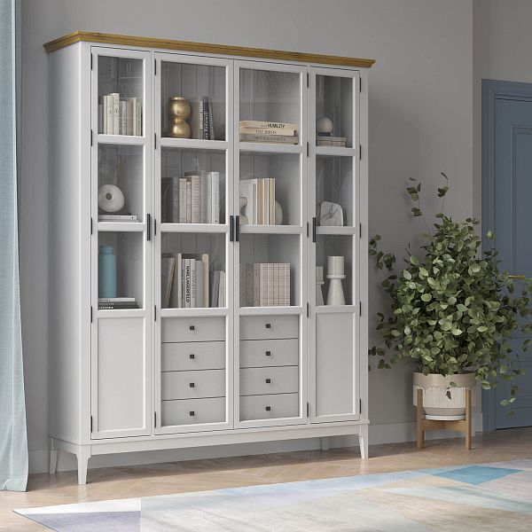 Фото Шкаф для книг «Квадро-С» 422С/04 из массива сосны в гостиную в стиле кантри коллекция «Квадро-С» цвет белый лак, белый лак-антик 24, серый 7042-антик 24, дерево размеры 1643х2047х421 в интернет-магазине СиВер