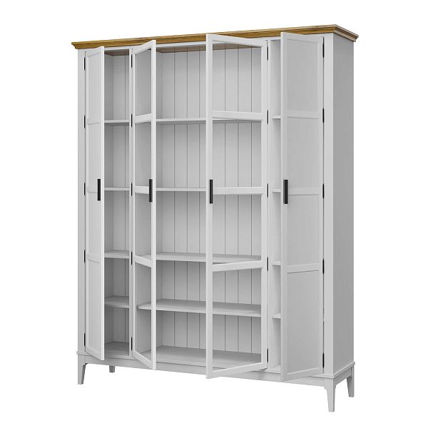 Фото Шкаф для книг «Квадро-С» 422Ф из массива сосны в гостиную в стиле кантри коллекция «Квадро-С» цвет белый лак, белый лак-антик 24, серый 7042-антик 24, дерево размеры 1643х2047х421 в интернет-магазине СиВер