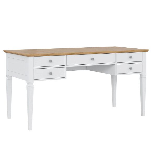 Изображение рабочий белый стол письменный в детскую или кабинет в стиле скандинавский или лофт пример в интерьере как смотрится коллекции "Ольса" 005 149x76x70 (белый лак, белый лак/антик 24, серый 7042, серый 7042/антик 24) для ребенка, взрослого или подростка