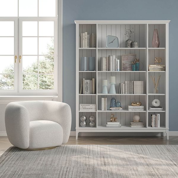 Фото Стеллаж «Квадро-С» 40-205 из массива сосны в гостиную в стиле кантри коллекция «Квадро-С» цвет белый лак, белый лак-антик 24, серый 7042-антик 24, дерево размеры 1643х2047х421 в интернет-магазине СиВер