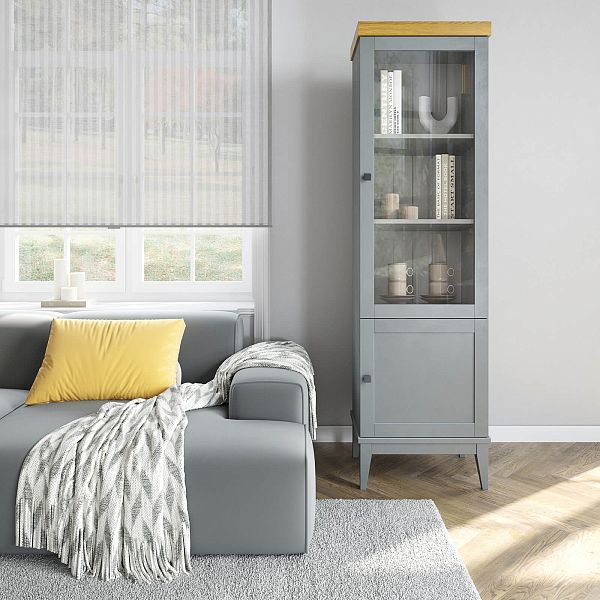 Фото шкаф для посуды из массива сосны в гостиную в стиле кантри коллекция «Бон Вояж» цвет белый лак-антик 24, серый 7042-антик 24, дерево размеры 580х2035х401 в интернет-магазине СиВер