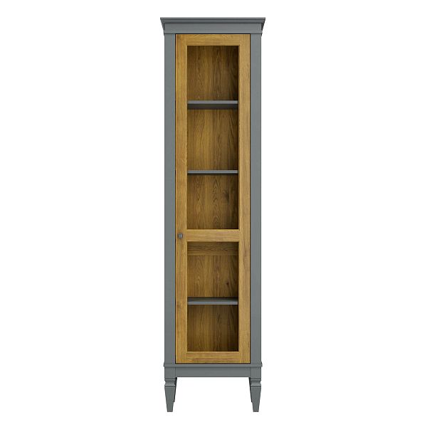 Фото шкаф для посуды из массива сосны в гостиную в стиле лофт или скандинавском стиле коллекция "Ольса-С" цвет белый лак, серый 7042, светлый дерево размеры 54х203х36 в интернет-магазине СиВер