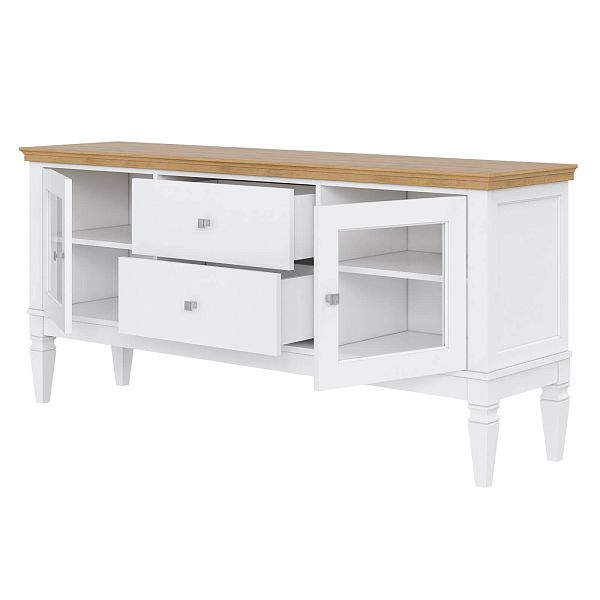 Фото каталог тумба ТВ в гостиную или в спальню из массива сосны Ольса 22 (1600) цвет белый лак, белый лак-антик 24, серый 7042-антик 24, светлый, размеры 1660х734х400 в классическом стиле в интернет-магазине СиВер