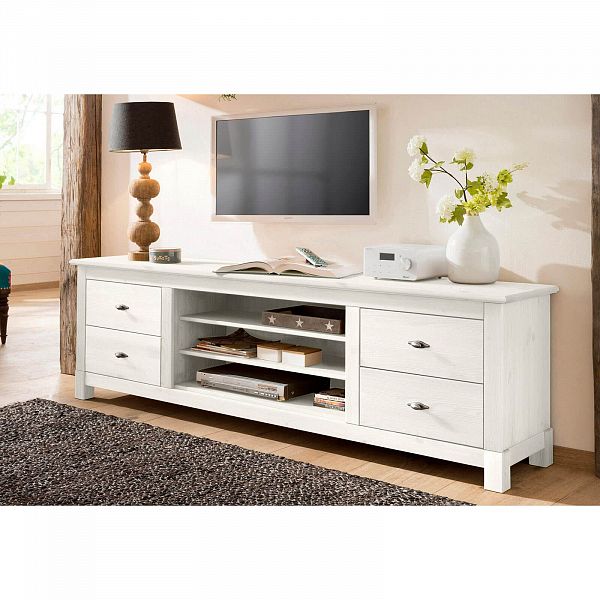 Фото тумба ТВ в гостиную или в спальню из массива сосны Рауна 150 цвет белый воск УКВ размеры 149х60х42 в стиле кантри в интернет-магазине СиВер