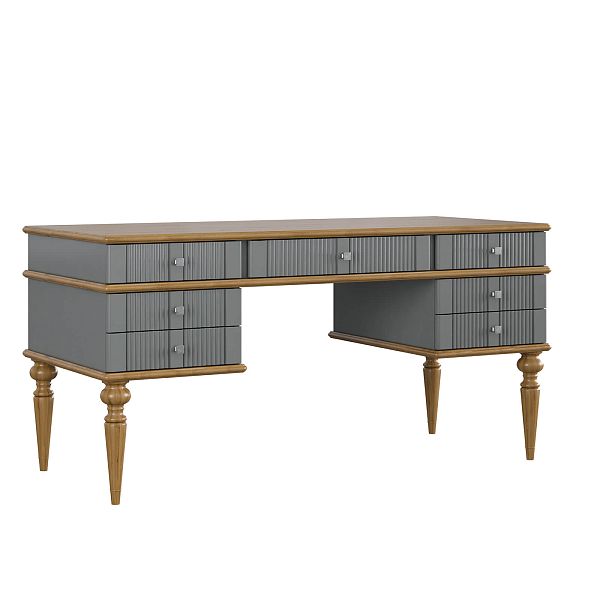 Изображение рабочий белый стол письменный в детскую или кабинет в стиле лофт или скандинавском стиле классика коллекции "Рандеву" 07 (белый лак/антик 24, серый 7042/антик 24) из массива сосны, 157,5х77,7х70 для ребенка или подростка