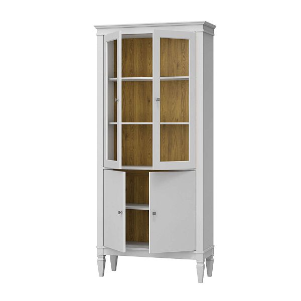 Фото шкафа для посуды из массива сосны в гостиную в стиле лофт или скандинавском стиле коллекция "Ольса-С" цвет белый лак, серый 7042-антик 24, светлый дерево размеры 927х2029х356 в интернет-магазине СиВер