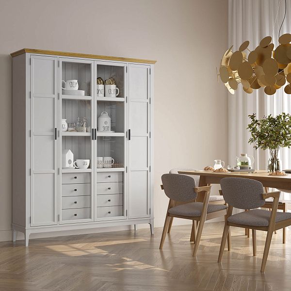 Фото Шкаф для книг «Квадро-С» 422Ф/04 из массива сосны в гостиную в стиле кантри коллекция «Квадро-С» цвет белый лак, белый лак-антик 24, серый 7042-антик 24, дерево размеры 1643х2047х421 в интернет-магазине СиВер