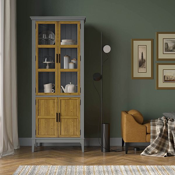 Фото Шкаф для посуды «Квадро-С» 22GT-185 из массива сосны. Цвет белый лак, белый лак-антик 24, серый 7042-антик 24, идеально для стиля сканди, минимал, лофт. С доставкой по России. Материал - массив сосны, размер - 757х1846х420 мм. в интернет-магазине СиВер