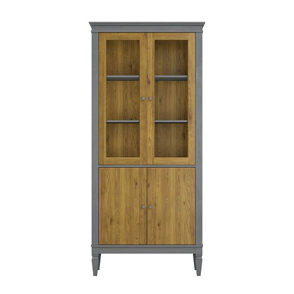 Фото шкафа для посуды из массива сосны в гостиную в стиле лофт или скандинавском стиле коллекция "Ольса-С" цвет белый лак, серый 7042-антик 24, светлый дерево размеры 927х2029х356 в интернет-магазине СиВер