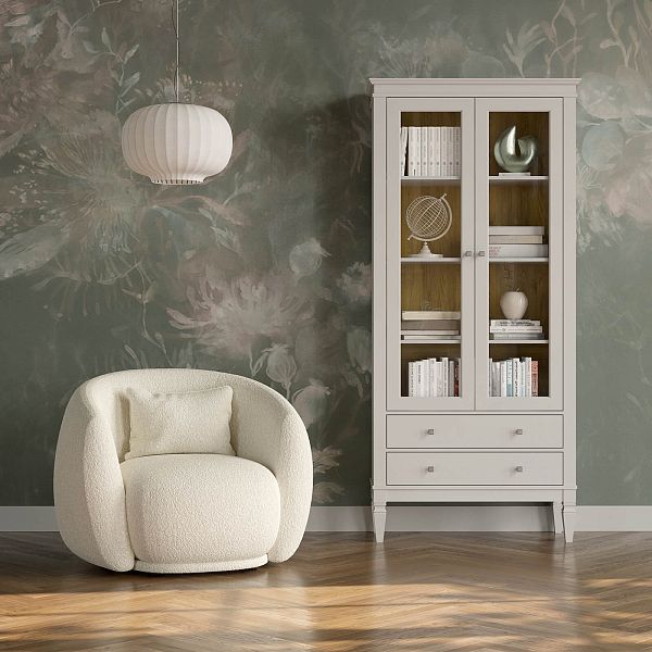 Фото Шкаф для посуды "Ольса-С" 202 из массива сосны в гостиную в стиле кантри коллекция "Ольса-С" цвет белый лак, серый 7042/антик 24, дерево, размеры 927х2029х356 мм. в интернет-магазине СиВер