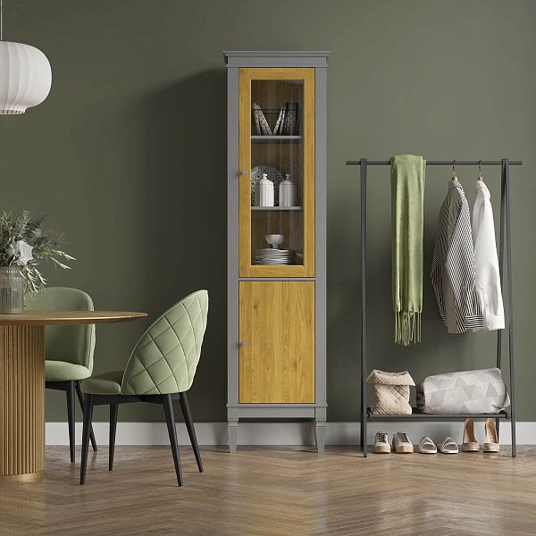 Фото Шкаф для посуды "Ольса-С" 110 из массива сосны в гостиную в стиле кантри коллекция "Ольса-С" цвет белый лак, серый 7042/антик 24, дерево, размеры 541х2029х356 мм. в интернет-магазине СиВер