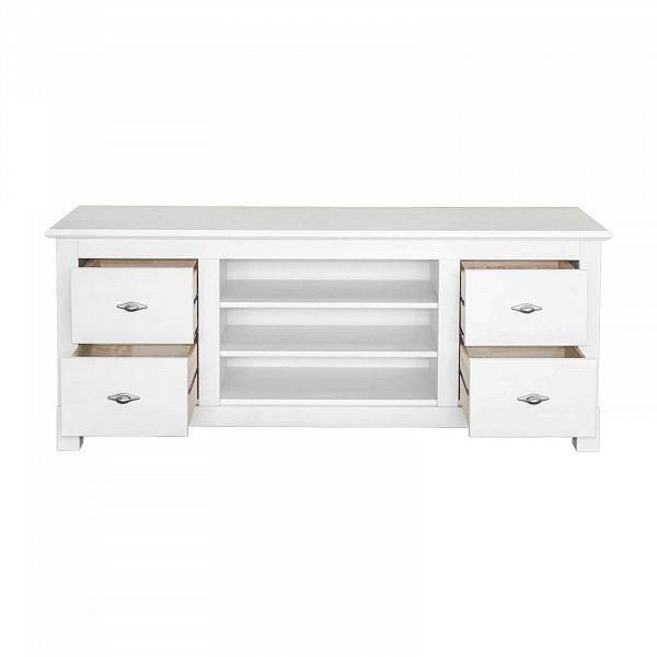 Фото тумба ТВ в гостиную или в спальню из массива сосны Рауна 150 цвет белый воск УКВ размеры 149х60х42 в стиле кантри в интернет-магазине СиВер