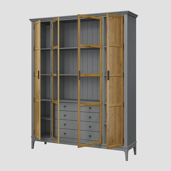 Фото Шкаф для книг «Квадро-С» 422Ф/04 из массива сосны в гостиную в стиле кантри коллекция «Квадро-С» цвет белый лак, белый лак-антик 24, серый 7042-антик 24, дерево размеры 1643х2047х421 в интернет-магазине СиВер