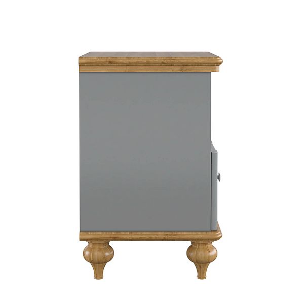 Изображения интерьерное фото прикроватная тумба в стиле неоклассика, лаконичный универсальный дизайн, тумба прикроватная "Рандеву" 01 493x635x405 (белый лак/антик 24, серый 7042/антик 24) из массива сосны в спальню или детскую