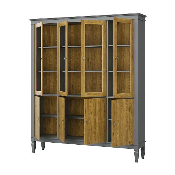 Фото шкафа для посуды из массива сосны в гостиную в стиле лофт или скандинавском стиле коллекция "Ольса-С" цвет белый лак, серый 7042-антик 24, светлый дерево размеры 1735х2029х356 в интернет-магазине СиВер