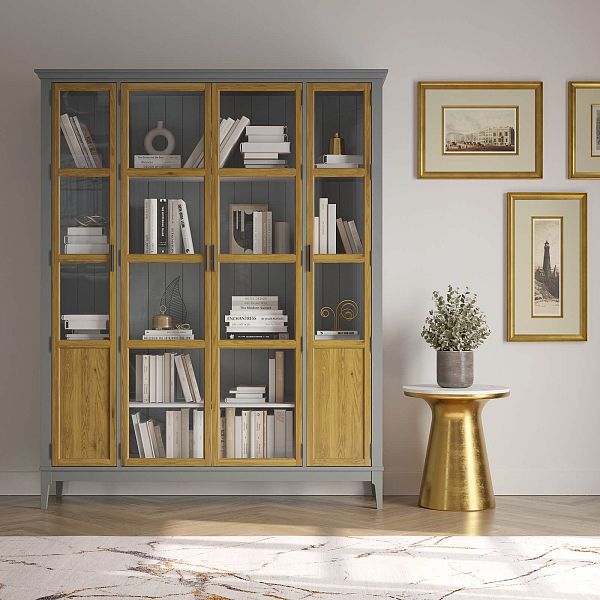 Фото Шкаф для книг «Квадро-С» 422С из массива сосны в гостиную в стиле кантри коллекция «Квадро-С» цвет белый лак, белый лак-антик 24, серый 7042-антик 24, дерево размеры 1643х2047х421 в интернет-магазине СиВер